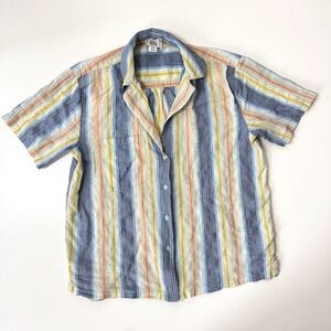 BDG Urban Striped Collared Button Up Camp Shirt Blue Yellow Orange Small